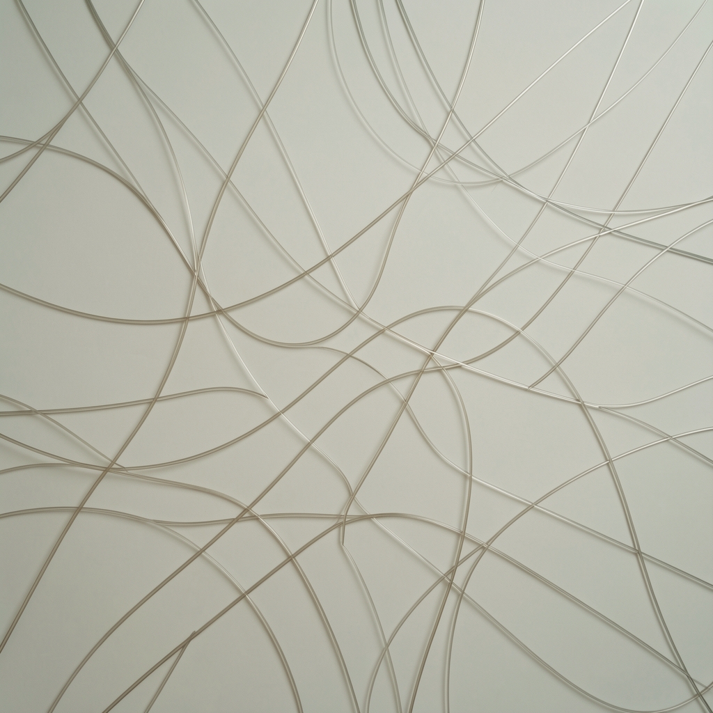 Abstract flowing lines forming a subtle organic pattern on a pale muted background, suggesting interconnected systems and structural relationships